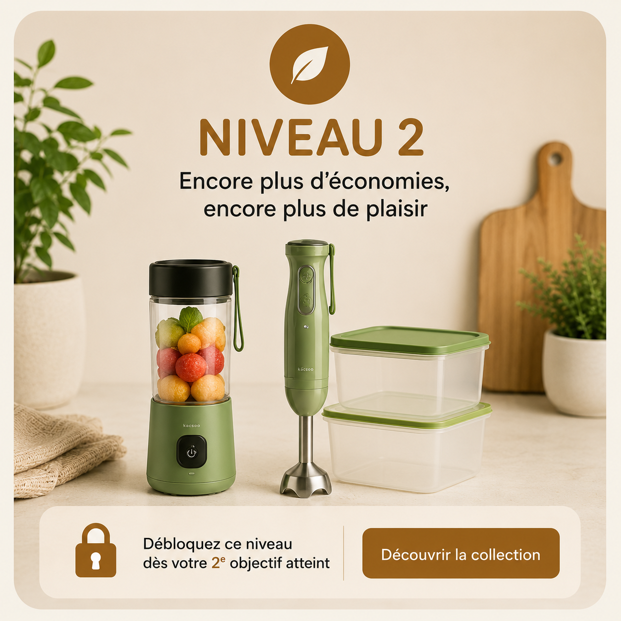 Collection Niveau 2 Mon Chef IA présentant des accessoires de cuisine premium débloqués après avoir atteint le deuxième objectif d'économies.