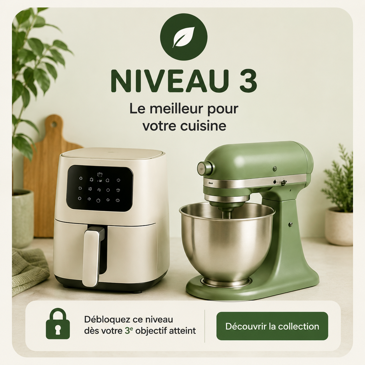 Collection Niveau 3 Mon Chef IA regroupant des équipements de cuisine haut de gamme réservés aux utilisateurs ayant débloqué le dernier niveau de récompenses.