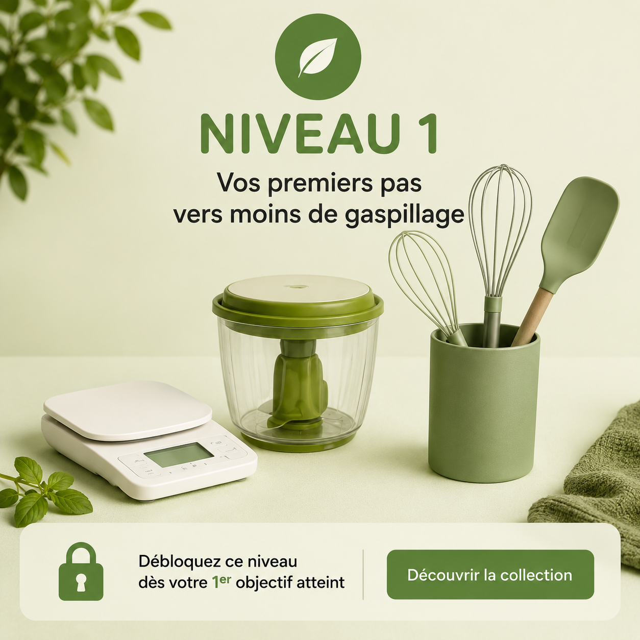 Collection Niveau 1 Mon Chef IA avec accessoires de cuisine essentiels à prix exclusif pour récompenser les économies réalisées grâce à l'application.