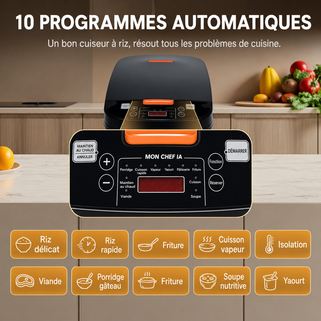 Multicuiseur familial pour cuire le riz, les soupes, les yaourts et les plats vapeur