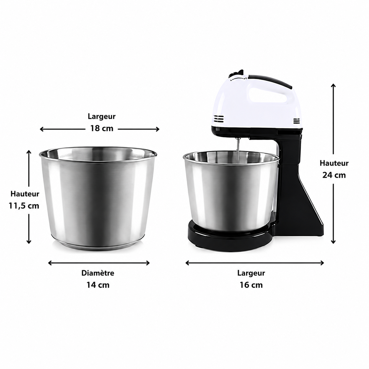 Batteur électrique avec bol inox de 2 litres sur socle
