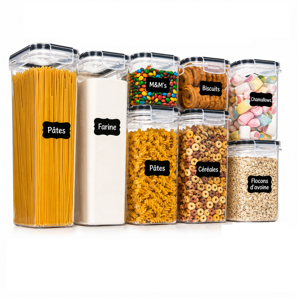 Lot de boîtes hermétiques alimentaires transparentes pour organiser le garde-manger.