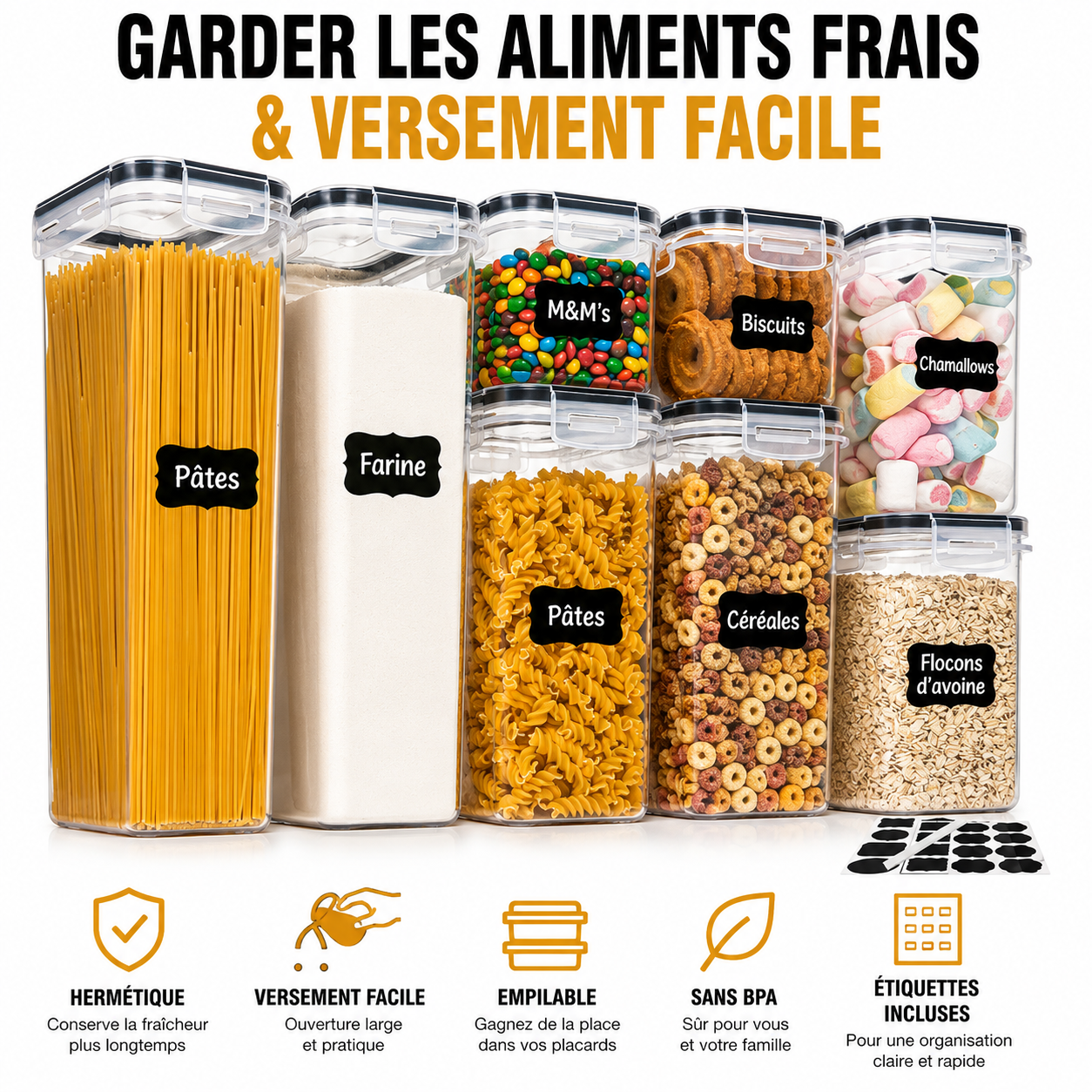 Boîtes de conservation hermétiques empilables avec couvercle étanche.