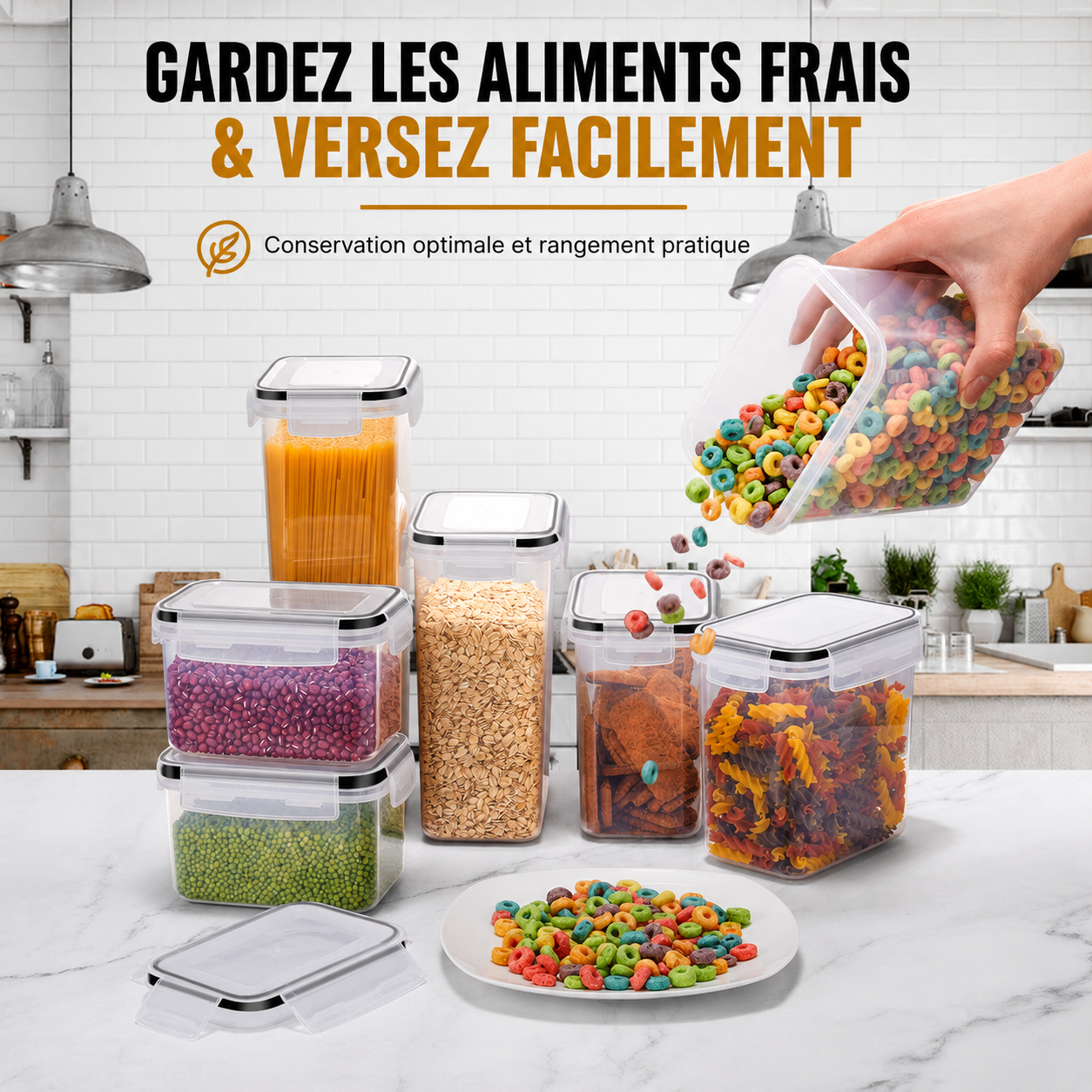 Rangement cuisine avec contenants alimentaires pour pâtes, farine et céréales.