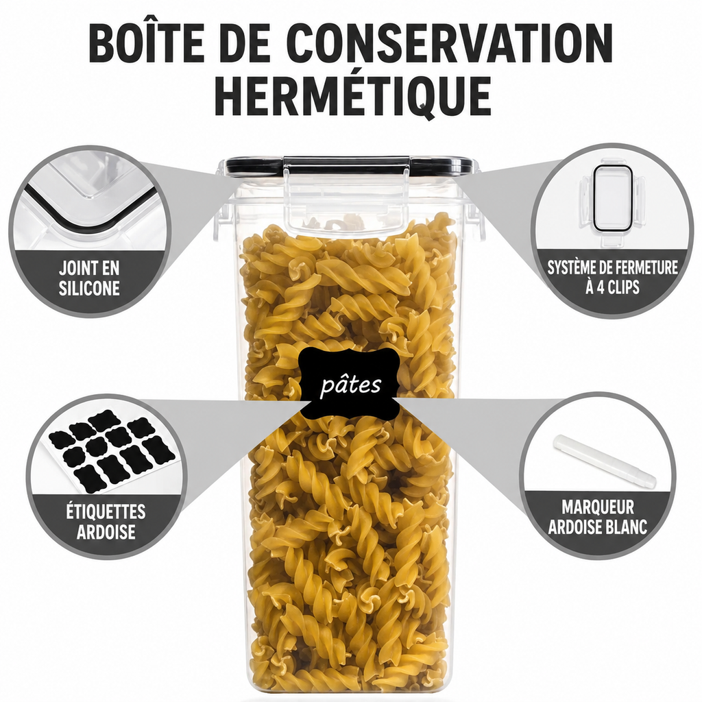 Organisation du placard de cuisine avec boîtes de conservation hermétiques.