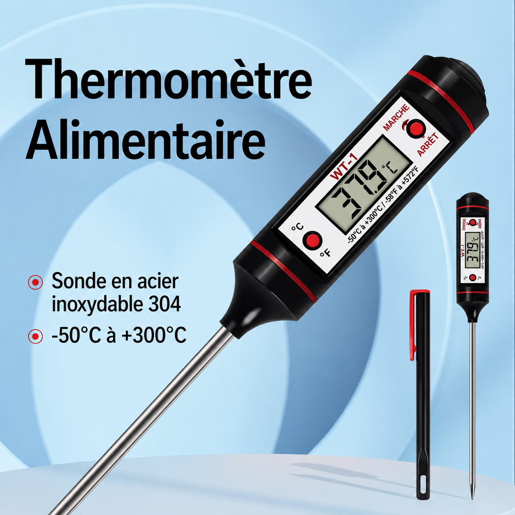 Thermomètre de cuisine digital avec sonde inox pour contrôler la cuisson des viandes et pâtisseries