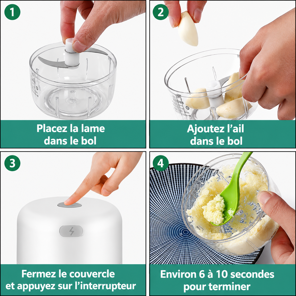 Temps de hachage du mini hachoir électrique selon les aliments : ail, légumes, viande, fruits secs et piments.