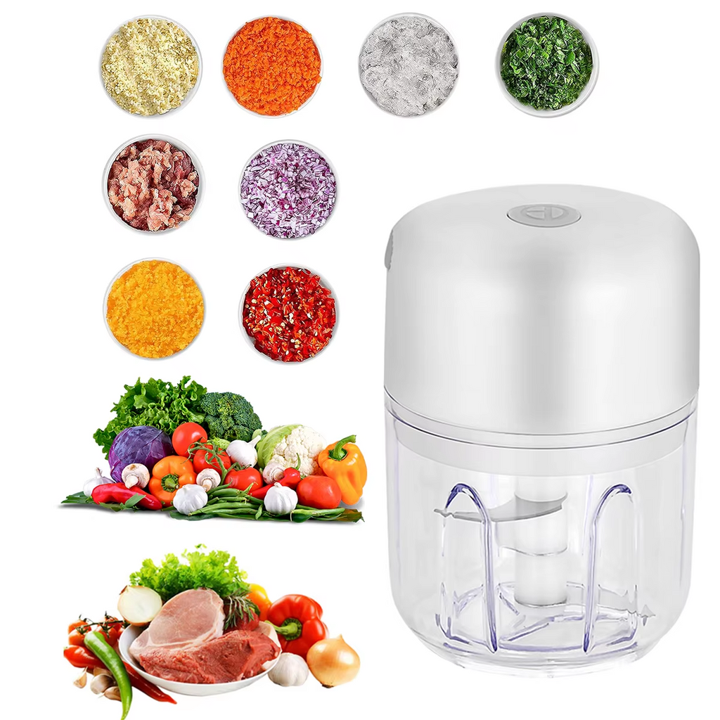 Mini hachoir électrique USB 250 ml pour hacher rapidement ail, légumes, herbes aromatiques et viande en cuisine.