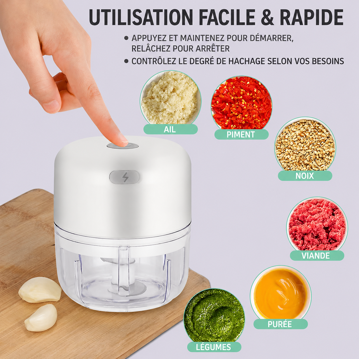 Mini hachoir électrique rechargeable utilisé pour préparer ail, piment, noix, légumes et sauces maison.