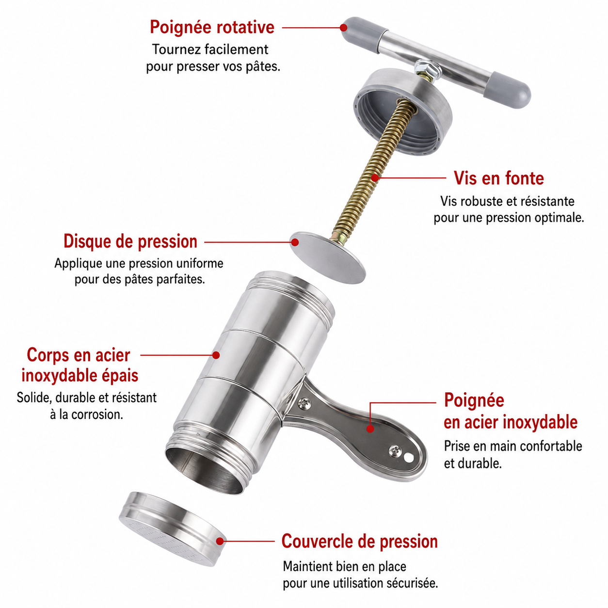 Machine à pâtes fraîches manuelle en acier inoxydable – 5 filières incluses